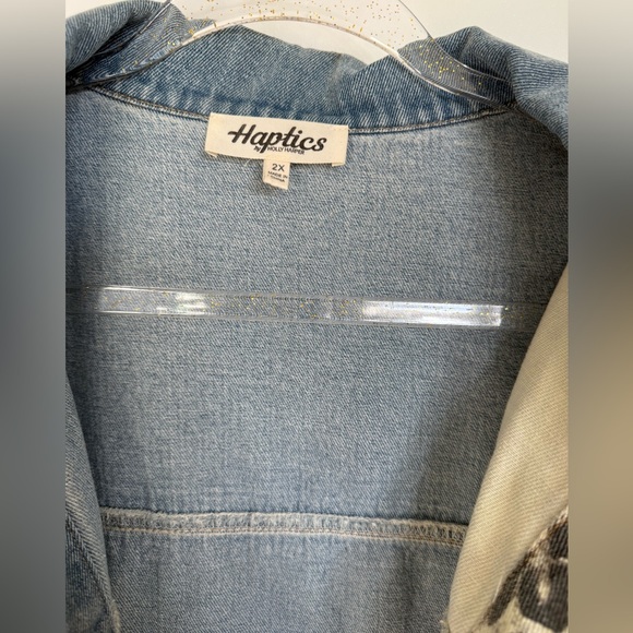 Haptics DISTRESSED DENIM & ANIMAL PRINT COLORBLOCK JACKET Sz 2X - Picture 2 of 3